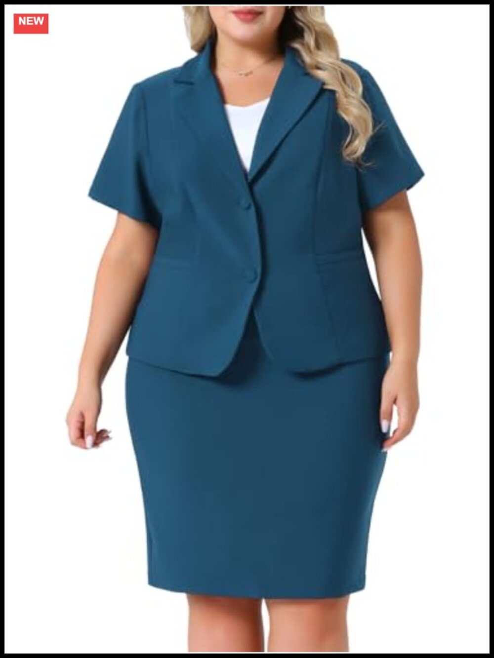 Plus Size 2 Piece Blazer Skirt Suit Set Notch Lapel Short Sleeve